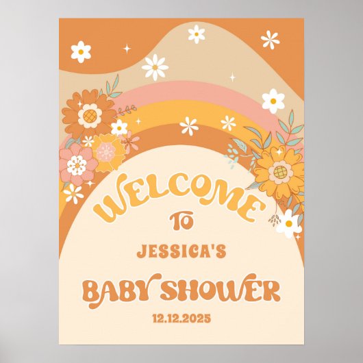 Retro daisy groovy Baby Dusche Empfang Poster (Vorne)