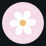 Retro daisy lilac boho Rückadresseetikett Runder Aufkleber<br><div class="desc">Retro inspirierte Rücksendeadressen-Aufkleber zum ersten Geburtstag mit den 70er Jahren Stil-Gängen und boho Schriftart und Farben.</div>