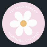 Retro daisy lilac boho Rückadresseetikett Runder Aufkleber<br><div class="desc">Retro inspirierte Rücksendeadressen-Aufkleber zum ersten Geburtstag mit den 70er Jahren Stil-Gängen und boho Schriftart und Farben.</div>