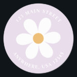 Retro daisy lilac boho Rückadresseetikett Runder Aufkleber<br><div class="desc">Retro inspirierte Rücksendeadressen-Aufkleber zum ersten Geburtstag mit den 70er Jahren Stil-Gängen und boho Schriftart und Farben.</div>