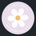 Retro daisy lilac boho Rückadresseetikett Runder Aufkleber<br><div class="desc">Retro inspirierte Rücksendeadressen-Aufkleber zum ersten Geburtstag mit den 70er Jahren Stil-Gängen und boho Schriftart und Farben.</div>