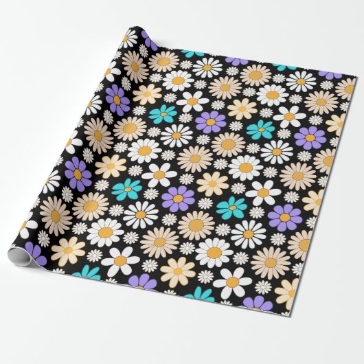 Retro Daisy Muster Simple.01. Black BG Geschenkpapier (Ungerollt)