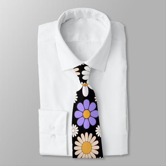 Retro Daisy Muster Simple.01. Black BG Krawatte (Gebunden)