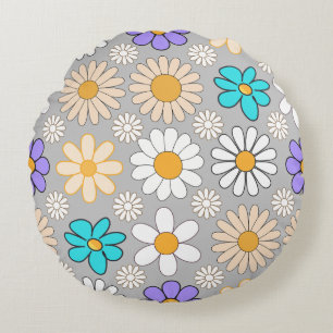 Retro Daisy Muster Simple.01. Gray BG Rundes Kissen