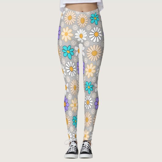 Retro Daisy Muster Simple.01. L Gray BG Leggings (Vorderseite)