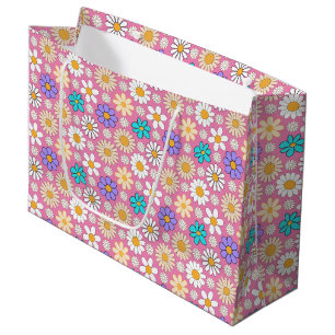Retro Daisy Muster Simple.01. Rosa BG Große Geschenktüte