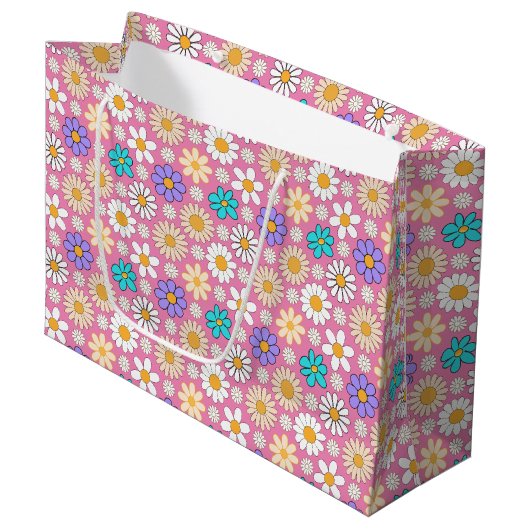 Retro Daisy Muster Simple.01. Rosa BG Große Geschenktüte (Vorderseite Schrägansicht)