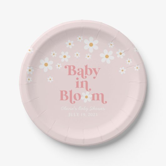 Retro Daisy Pink boho Baby in Bloom Baby Dusche Pappteller (Vorderseite)