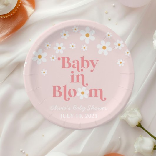 Retro Daisy Pink boho Baby in Bloom Baby Dusche Pappteller