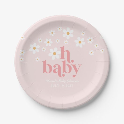 Retro Daisy Pink boho Babydusche Pappteller (Vorderseite)