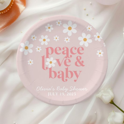 Retro Daisy Pink boho Peace Love Baby Shower Pappteller