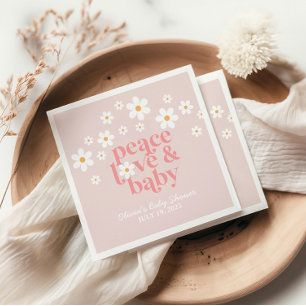 Retro Daisy Pink boho Peace Love Baby Shower Serviette
