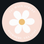 Retro daisy pink boho Rückadresse-Etikett Runder Aufkleber<br><div class="desc">Retro inspirierte Rücksendeadressen-Aufkleber zum ersten Geburtstag mit den 70er Jahren Stil-Gängen und boho Schriftart und Farben. Entspricht unserer pastellfarbenen Retro-Blumenkollektion.</div>