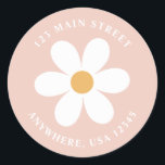 Retro daisy pink boho Rückadresse-Etikett Runder Aufkleber<br><div class="desc">Retro inspirierte Rücksendeadressen-Aufkleber zum ersten Geburtstag mit den 70er Jahren Stil-Gängen und boho Schriftart und Farben.</div>