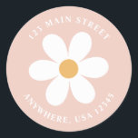 Retro daisy pink boho Rückadresse-Etikett Runder Aufkleber<br><div class="desc">Retro inspirierte Rücksendeadressen-Aufkleber zum ersten Geburtstag mit den 70er Jahren Stil-Gängen und boho Schriftart und Farben.</div>