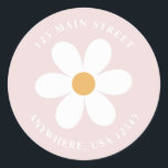 Retro daisy pink boho Rückadresse-Etikett Runder Aufkleber<br><div class="desc">Retro inspirierte Rücksendeadressen-Aufkleber zum ersten Geburtstag mit den 70er Jahren Stil-Gängen und boho Schriftart und Farben.</div>