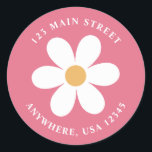 Retro daisy pink boho Rückadresse-Etikett Runder Aufkleber<br><div class="desc">Retro inspirierte Rücksendeadressen-Aufkleber zum ersten Geburtstag mit den 70er Jahren Stil-Gängen und boho Schriftart und Farben.</div>