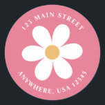 Retro daisy pink boho Rückadresse-Etikett Runder Aufkleber<br><div class="desc">Retro inspirierte Rücksendeadressen-Aufkleber zum ersten Geburtstag mit den 70er Jahren Stil-Gängen und boho Schriftart und Farben.</div>