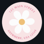 Retro daisy pink boho Rückadresse-Etikett Runder Aufkleber<br><div class="desc">Retro inspirierte Rücksendeadressen-Aufkleber zum ersten Geburtstag mit den 70er Jahren Stil-Gängen und boho Schriftart und Farben.</div>