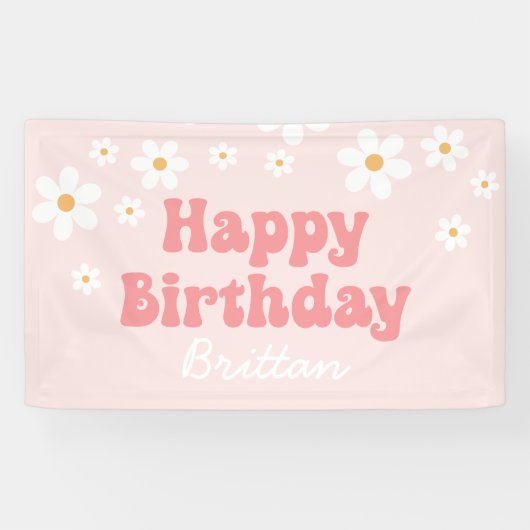 Retro Daisy Pink Happy Birthday Banner (Horizontal)