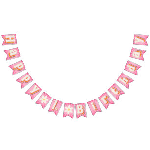 Retro Daisy Pink Sunburst Happy 1. Geburtstagsbann Wimpelkette