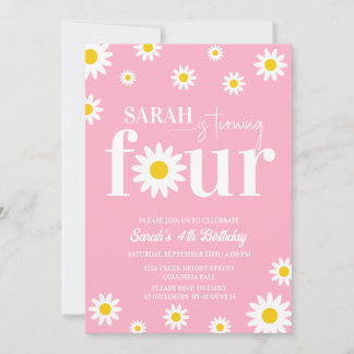Retro Daisy Pink und White 4. Geburtstag Einladung