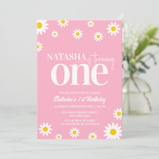Retro Daisy Pink und White Minimal 1. Geburtstag Einladung