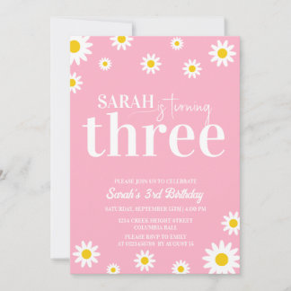 Retro Daisy Pink und White Minimal 3. Geburtstag Einladung