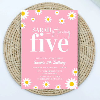 Retro Daisy Pink und White Minimal 5. Geburtstag Einladung