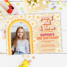 Retro Daisy Rainbow 3. Geburtstag Foto Einladung