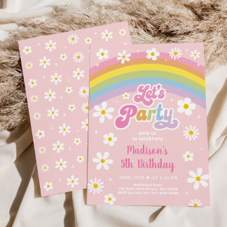 Retro Daisy Rainbow Let's Party Birthday Einladung