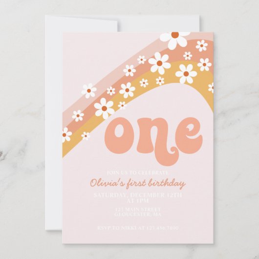 Retro daisy Regenbogen erster Geburtstag Einladung (Vorderseite)