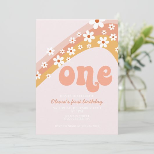 Retro daisy Regenbogen erster Geburtstag Einladung (Stehend Vorderseite)