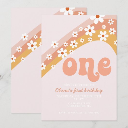 Retro daisy Regenbogen erster Geburtstag Einladung (Vorne/Hinten)