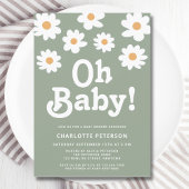 Retro Daisy Sage Green Baby Dusche Einladung