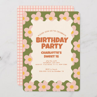 Retro Daisy Schachbrett Sweet 16 Geburtstagsparty Einladung