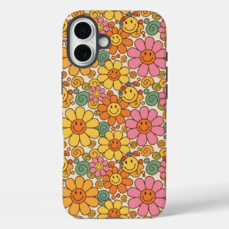 Retro Daisy Smile Pattern iPhone 16 Plus Hülle