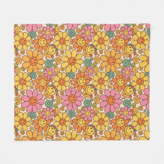 Retro Daisy Smile Pattern Fleecedecke (Vorderseite (Horizontal))