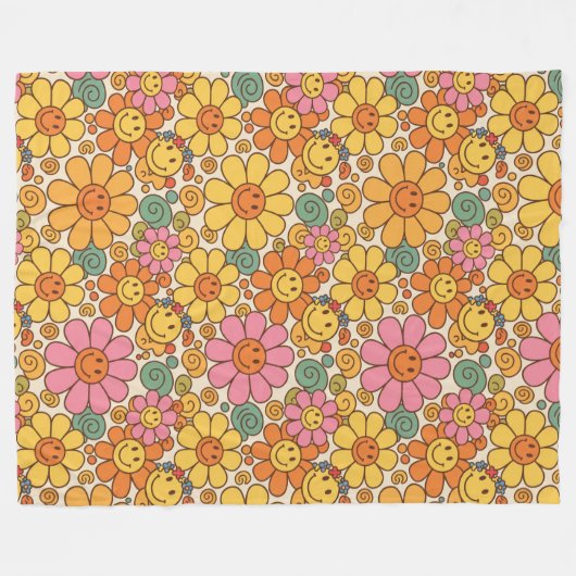 Retro Daisy Smile Pattern Fleecedecke (Vorderseite (Horizontal))
