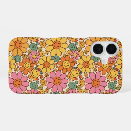 Retro Daisy Smile Pattern iPhone 16 Hülle (Rückseite (Horizontal))