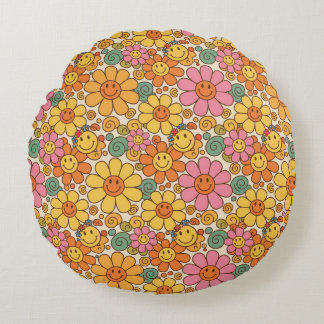 Retro Daisy Smile Pattern Rundes Kissen