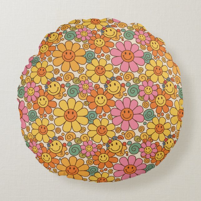 Retro Daisy Smile Pattern Rundes Kissen (Vorderseite)