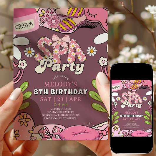Retro Daisy Spa Party Birthday Invitation Maroon Einladung