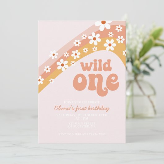 Retro daisy Wild Ein boho blumengeschmack Erstgebu Einladung (Stehend Vorderseite)