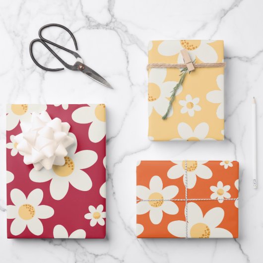 Retro Daisy Wrapping Paper Sheets | Groovy Floral Geschenkpapier Set (Vorderseite)