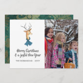 Retro Damask Reindeer Weihnachts-Foto Feiertagskarte (Vorne/Hinten)