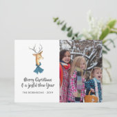 Retro Damask Reindeer Weihnachts-Foto Feiertagskarte (Stehend Vorderseite)