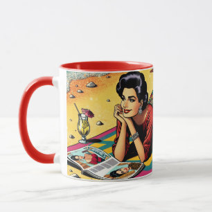 Retro-Dame am Strand, die über Mode tagträumt Tasse