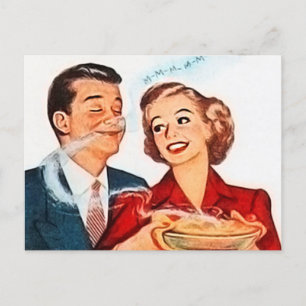 Retro-Dame, die Vintage-Torten backt Postkarte