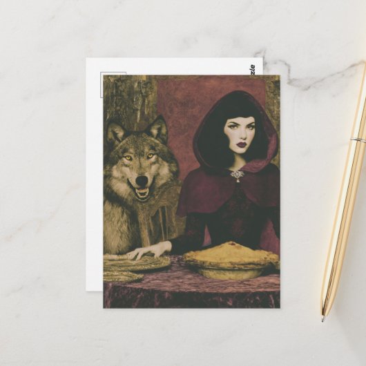 Retro-Dame genießt Pie mit dem Wolf Postkarte (Vorderseite/Rückseite Beispiel)